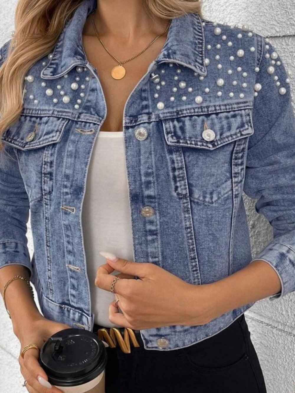 Fashion Denim Jacket With Pearl Embellishments Size Small